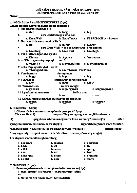Bộ đề kiểm tra 45 phút học kì II môn Tiếng Anh Lớp 6 - Năm học 2011-2012